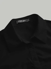 SHEIN MOD Camisa unicolor fruncido delantero - Negro - Ver 3