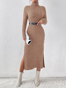 SHEIN Privé Đầm Chia Gân đan màu trơn Giải trí - Màu Khaki - Xem 1