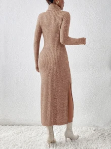 SHEIN Privé Đầm Chia Gân đan màu trơn Giải trí - Màu Khaki - Xem 2