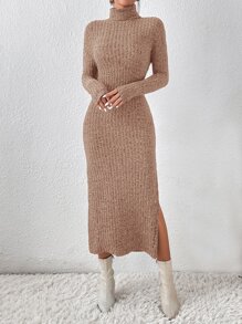 SHEIN Privé Đầm Chia Gân đan màu trơn Giải trí - Màu Khaki - Xem 5