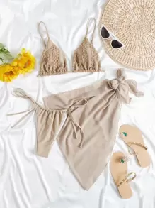 SHEIN Swim Summer Beach Smocked Triangle Bikini Set With Beach Skirt - Beige - View 1