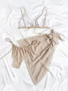 SHEIN Swim Summer Beach Smocked Triangle Bikini Set With Beach Skirt - Beige - View 2