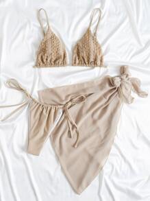 SHEIN Swim Summer Beach Smocked Triangle Bikini Set With Beach Skirt - Beige - View 3