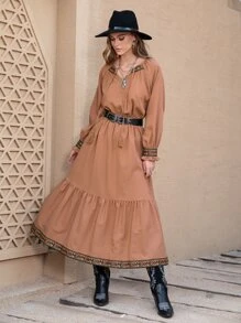 Rusttydustty Raglan Sleeve Contrast Tape Tie Neck Blouse & Ruffle Hem Skirt Without Belt Western Women Attire - Brown - View 1
