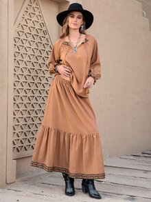 Rusttydustty Raglan Sleeve Contrast Tape Tie Neck Blouse & Ruffle Hem Skirt Without Belt Western Women Attire - Brown - View 3