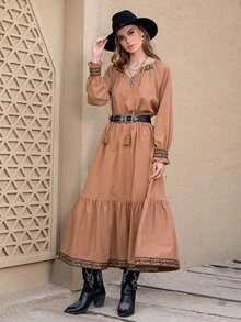 Rusttydustty Raglan Sleeve Contrast Tape Tie Neck Blouse & Ruffle Hem Skirt Without Belt Western Women Attire - Brown - View 6