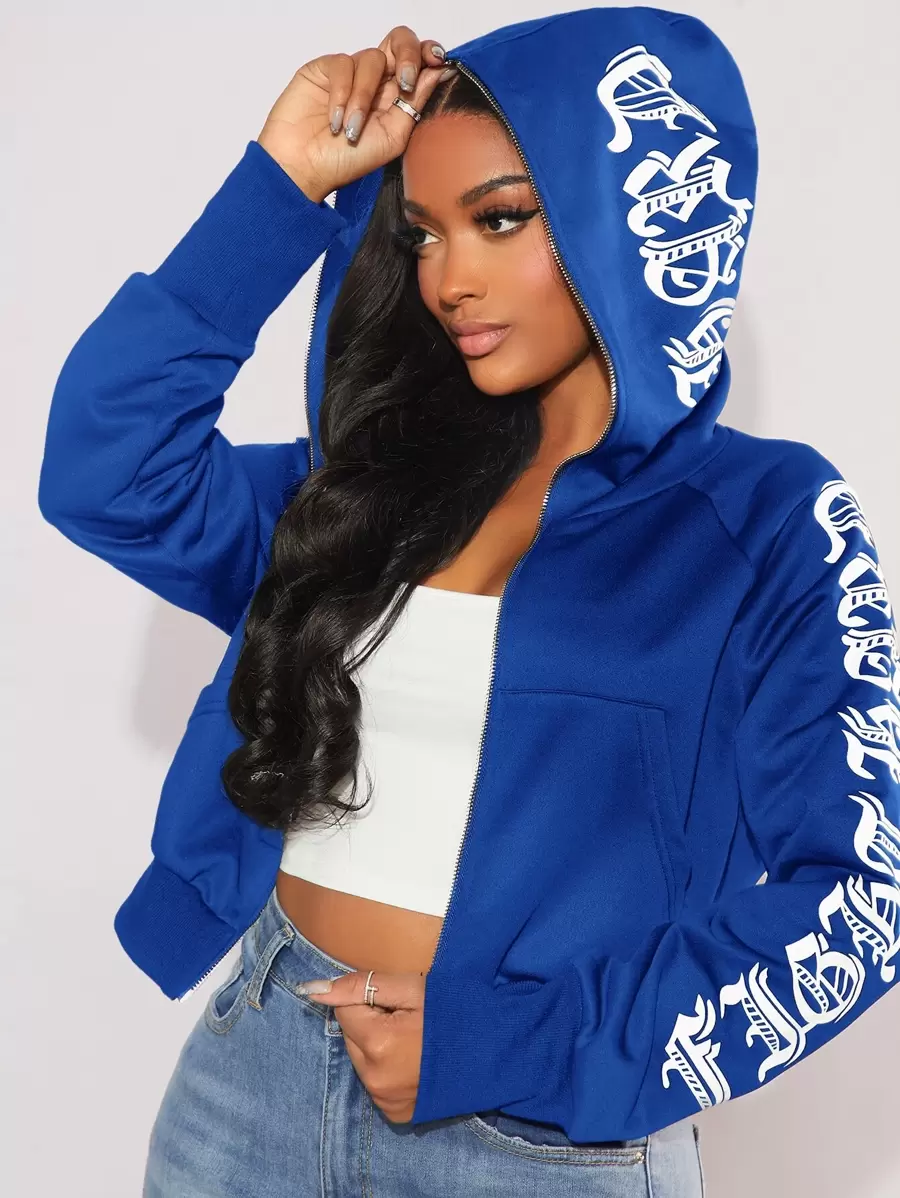 SHEIN SXY Women's Short Fleeced Hooded Zipper Hoodie With Flame Rhinestone Decor In Fall/Winter - Royal Blue - View 1