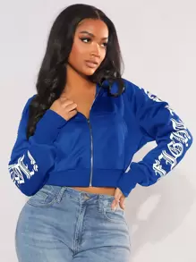 SHEIN SXY Women's Short Fleeced Hooded Zipper Hoodie With Flame Rhinestone Decor In Fall/Winter - Royal Blue - View 5