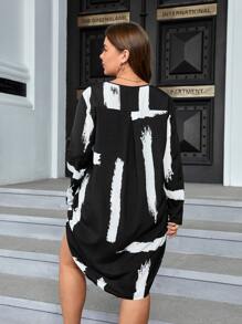 SHEIN Essnce Plus Brush Print High Low Hem Dress - Black and White - View 2