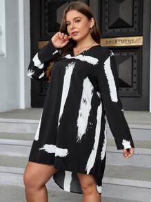 SHEIN Essnce Plus Brush Print High Low Hem Dress - Black and White - View 4