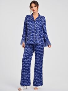 Armand Frida Kahlo X SHEIN X Designer Pantalones con blusa con estampado unido en contraste de peluche puño - Azul - Ver 1