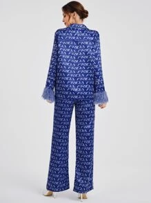 Armand Frida Kahlo X SHEIN X Designer Pantalones con blusa con estampado unido en contraste de peluche puño - Azul - Ver 2