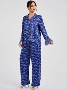 Armand Frida Kahlo X SHEIN X Designer Pantalones con blusa con estampado unido en contraste de peluche puño - Azul - Ver 4
