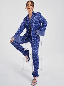 Armand Frida Kahlo X SHEIN X Designer Pantalones con blusa con estampado unido en contraste de peluche puño - Azul - Ver 5