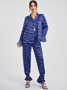 Armand Frida Kahlo X SHEIN X Designer Pantalones con blusa con estampado unido en contraste de peluche puño - Azul - Ver 6