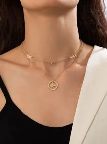 2pcs Butterfly & Round Charm Necklace - Yellow Gold - View 1