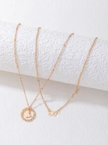 2pcs Butterfly & Round Charm Necklace - Yellow Gold - View 2