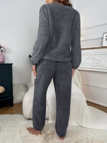 字母刺绣法兰绒上衣和裤子睡衣套装/睡衣套装，秋冬服装 - 深灰色 - 查看 2