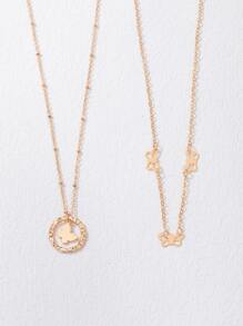 2pcs Butterfly & Round Charm Necklace - Yellow Gold - View 3