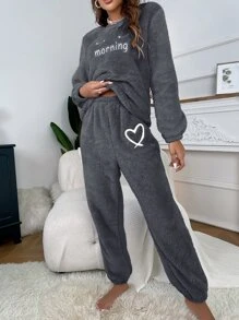 字母刺绣法兰绒上衣和裤子睡衣套装/睡衣套装，秋冬服装 - 深灰色 - 查看 3