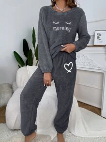 字母刺绣法兰绒上衣和裤子睡衣套装/睡衣套装，秋冬服装 - 深灰色 - 查看 4