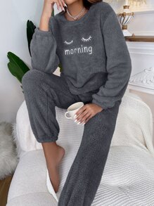 字母刺绣法兰绒上衣和裤子睡衣套装/睡衣套装，秋冬服装 - 深灰色 - 查看 6