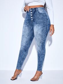 SHEIN SXY Plus High Waist Button Fly Skinny Jeans - Medium Wash - View 3