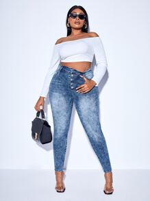 SHEIN SXY Plus High Waist Button Fly Skinny Jeans - Medium Wash - View 5