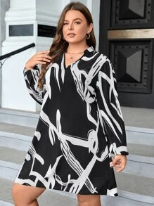 SHEIN Clasi 大碼圖案印花燈籠袖連衣裙 - 黑與白 - 查看 5