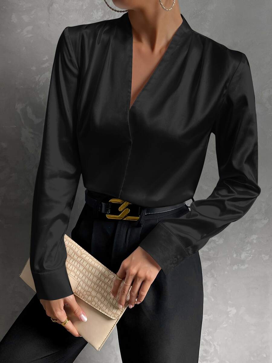 SHEIN Privé Solid V Neck Satin Blouse