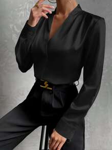 SHEIN Privé Solid V Neck Satin Blouse