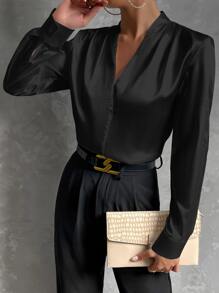 SHEIN Privé Solid V Neck Satin Blouse