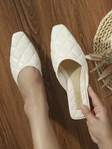 Quilted Detail Square Toe Flat Mules - White - View 1