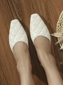 Quilted Detail Square Toe Flat Mules - White - View 5
