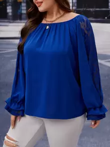 SHEIN Clasi Plus Off Shoulder Contrast Lace Flounce Sleeve Blouse - Blue - View 1