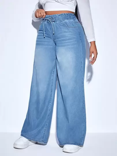 SHEIN SXY Plus Paperbag Drawstring Waist Wide Leg Jeans, Fall Women Clothes