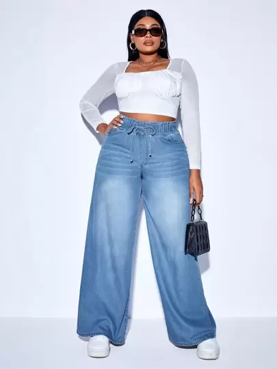 SHEIN SXY Plus Paperbag Drawstring Waist Wide Leg Jeans, Fall Women Clothes