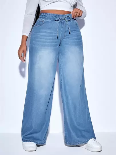 SHEIN SXY Plus Paperbag Drawstring Waist Wide Leg Jeans, Fall Women Clothes