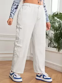 SHEIN EZwear Plus High Waist Flap Pocket Side Cargo Trousers - White - View 1