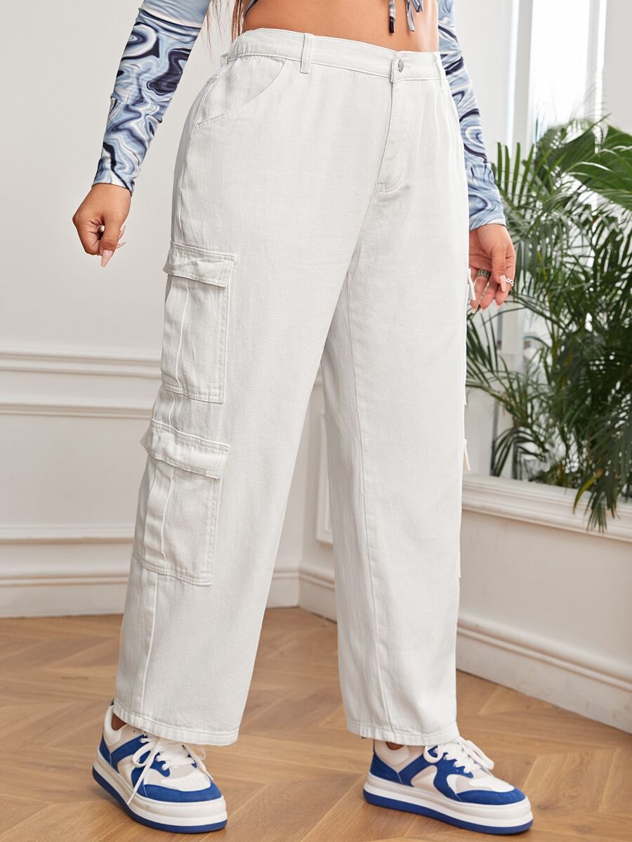 SHEIN EZwear Plus High Waist Flap Pocket Side Cargo Trousers - White - View 1