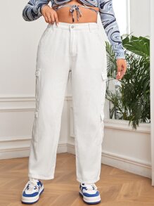 SHEIN EZwear Plus High Waist Flap Pocket Side Cargo Trousers - White - View 3