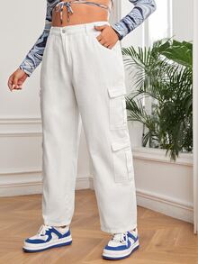 SHEIN EZwear Plus High Waist Flap Pocket Side Cargo Trousers - White - View 4