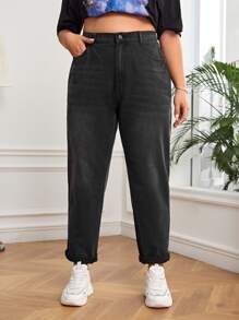 SHEIN EZwear Plus High Waist Mom Fit Jeans - Black - View 1
