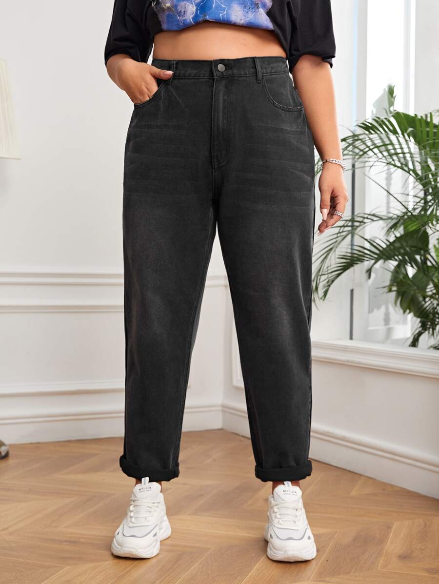 SHEIN EZwear Plus High Waist Mom Fit Jeans - Black - View 1