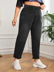 SHEIN EZwear Plus High Waist Mom Fit Jeans - Black - View 3