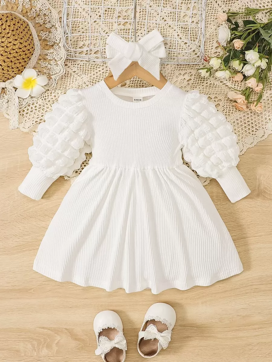 Infant/Baby Girl Elegant Vintage Minimalist Textured Fabric Puff Sleeve Long Sleeve Dress - White - View 1