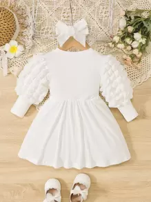 Infant/Baby Girl Elegant Vintage Minimalist Textured Fabric Puff Sleeve Long Sleeve Dress - White - View 2