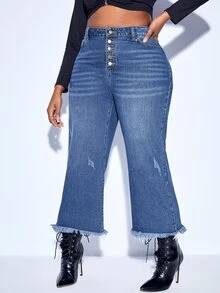 SHEIN 大碼紐扣門襟毛邊破洞牛仔褲 - 中等水洗藍 - 查看 4