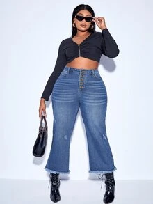 SHEIN 大碼紐扣門襟毛邊破洞牛仔褲 - 中等水洗藍 - 查看 5