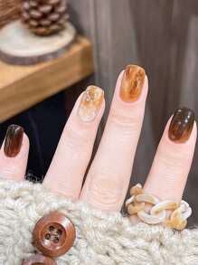 24入組簡約風格短款方形假指甲，棕色配雪花圖案，附有1支矽膠膠水和1個美甲檔套裝，適用於派對、舞會和日常穿著，展現指尖的魅力 - 彩色 - 查看 2